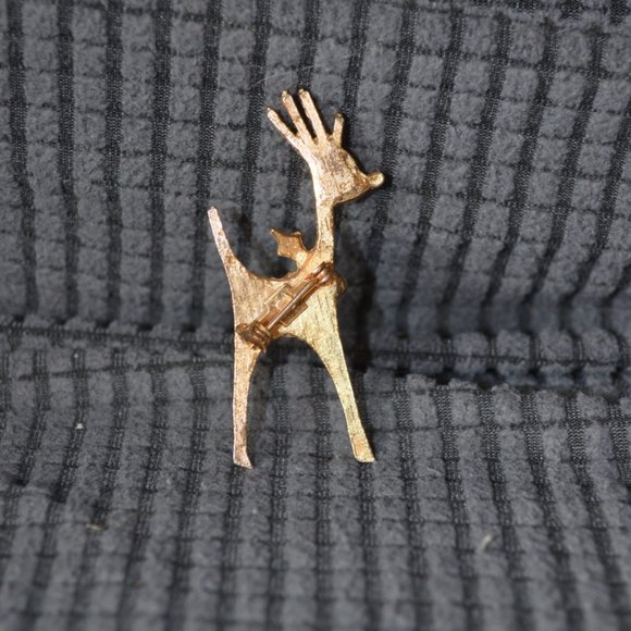 Vintage Unknown Brooch Pin Christmas Deer Rhinestones Golden-Green-Red (2 1/4') - Picture 3 of 4